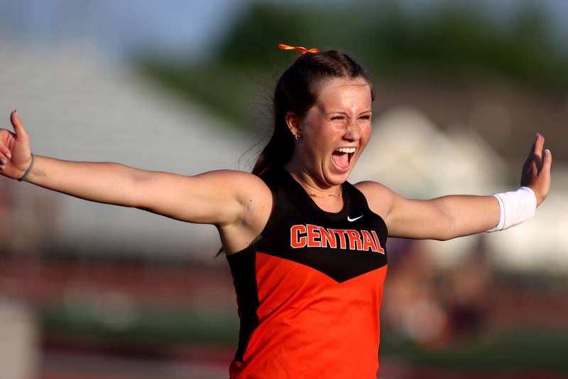Crystal Lake Central’s Grace Fujino reacts after qualifying for state in the pole vault in IHSA Class 3A Girls Sectional Track and Field Meet action at Red Raider Stadium on the campus of Huntley High School in Huntley on Wednesday, May 14, 2025.
