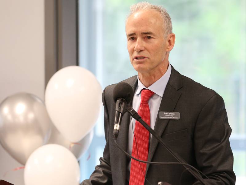 Fran Brolley, Lighted Way board member gives a speech during the ribbon cutting and dedication on Saturday, Aug. 5, 2023 in La Salle.