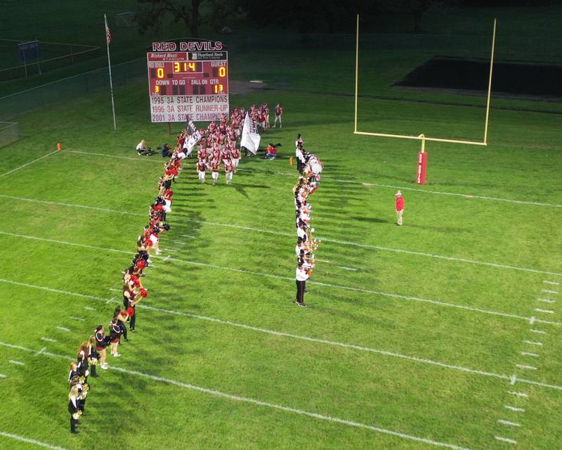 The Hall Red Devil football team takes the field on Friday, Sept. 29, 2023 at Richard Nesti Stadium.