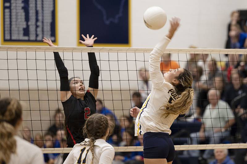 Polo’s Teah Almasy hammers a shot in game one of their semifinal regional match Wednesday, Oct. 26, 2022 against Fulton.