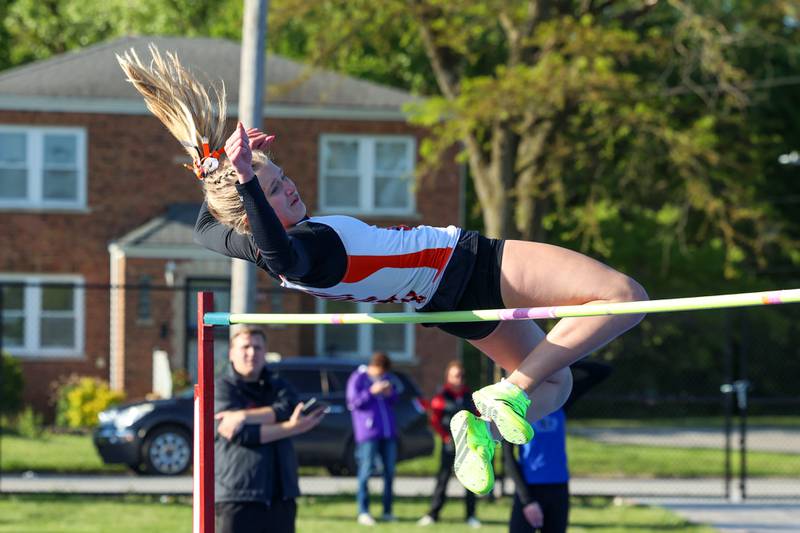 Lincoln-Way West's Mia DiBenedetto attempts 1.62 meters in the high jump after qualifying for state at 1.57 meters during the IHSA Class 3A Chicago Heights Girls Track and Field Sectional at Bloom High School on Wednesday, May 13, 2026.