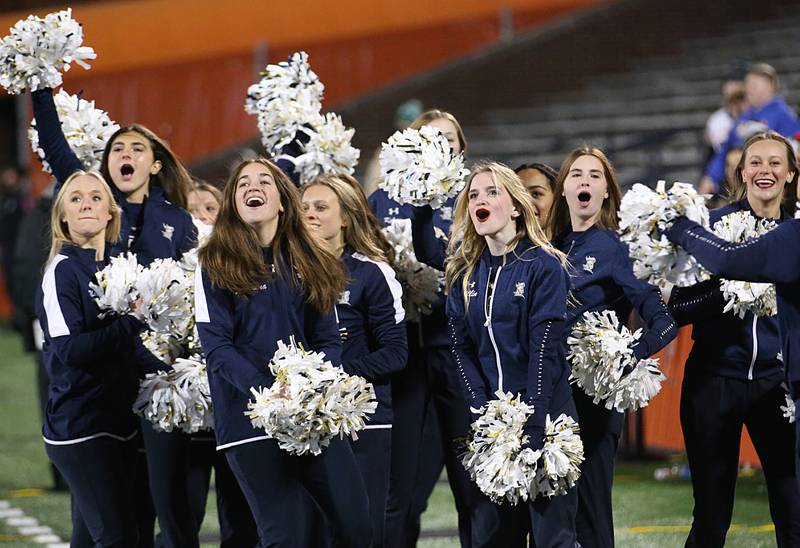 IC Catholic cheerleaders react after the team scored a touchdown during the Class 3A State Championship on Friday, Nov. 25, 2022 at Memorial Stadium in Champaign.