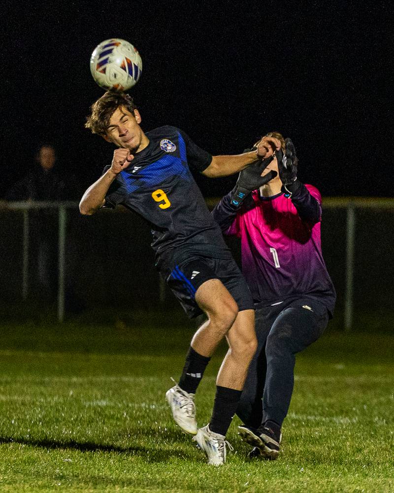 (9) of Somonauk/Leland/Newark headers ball towards goal during the Little Ten Conference Championship match on Thursday, Oct. 9, 2025 at Hinckley-Big Rock School in Hinckley.