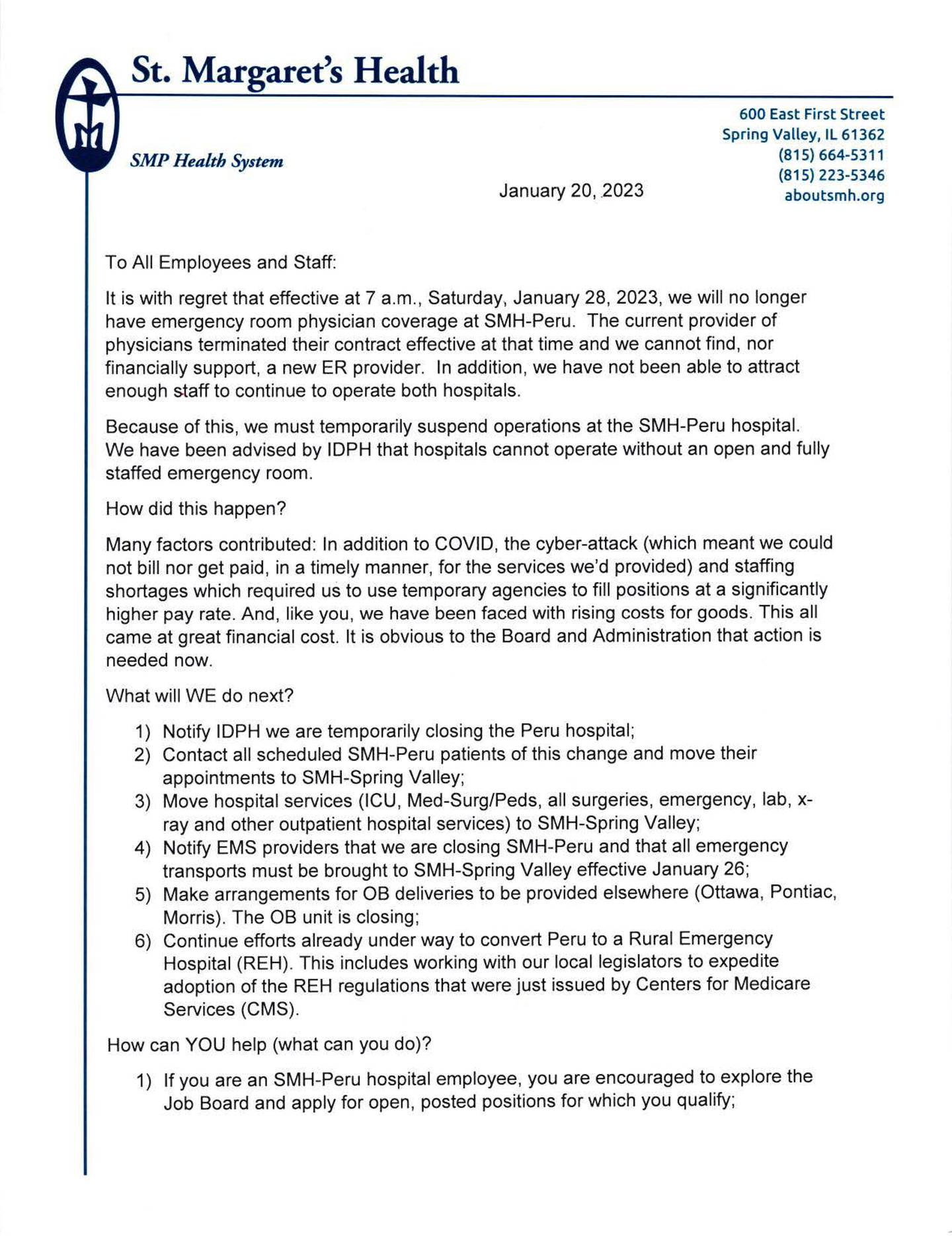 St. Margaret's Health shared a letter it sent to employees and staff about its Saturday, Jan. 28, 2023, closure.