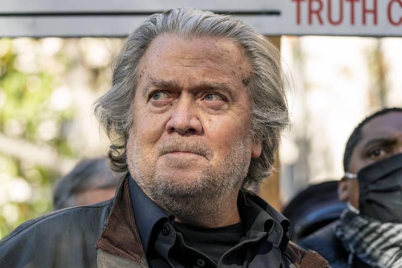 FILE - Former White House strategist Steve Bannon speaks with reporters after departing federal court on Nov. 15, 2021, in Washington. The House committee investigating the Jan. 6 riot is returning Thursday, July 14, 2022, with a hearing that will examine the three-hour plus stretch when Donald Trump failed to act as a mob of supporters stormed the Capitol. Committee members say a lawyer for former Trump strategist Steve Bannon, who faces criminal charges after months of defying a congressional subpoena, told the committee over the weekend that Bannon may now be willing to testify. (AP Photo/Alex Brandon, File)