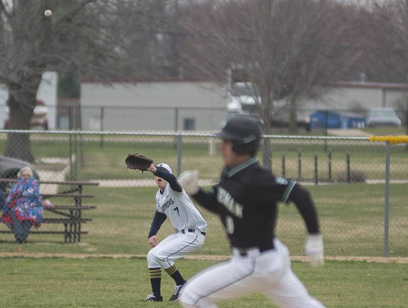 Sterling's Dale Guerrieri catches a fly ball in left field Tuesday, April 5, 2022 against Alleman.