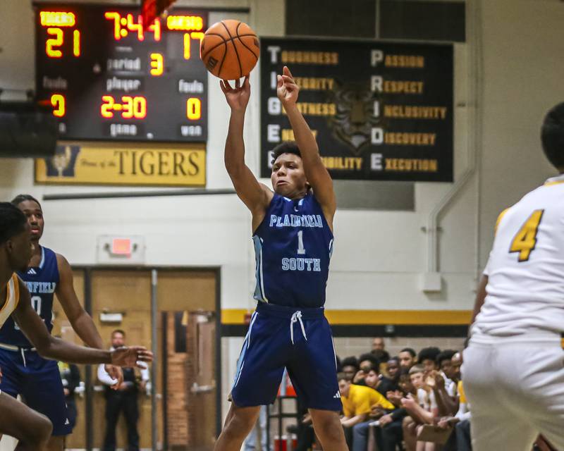 Plainfield South's Ayden Foston (1) shoots a jump shot during their basketball game between Plainfield South at Joliet West, Feb 2, 2026 in Joliet.