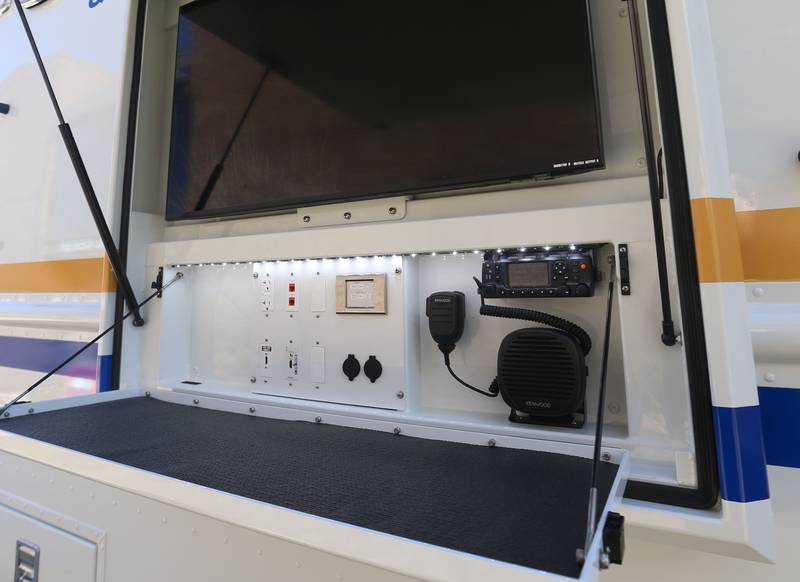 A view of radio equipment and power charging area on the exterior of LaSalle County’s new Mobile Operations & Communications Center during an open house on Monday, March 9, 2026 at the La Salle County Government Complex in Ottawa. The 32 foot command vehicle enhances the county’s ability to coordinate emergency response operations, support multi-agency incidents, and maintain resilient communications during disasters and large-scale events.