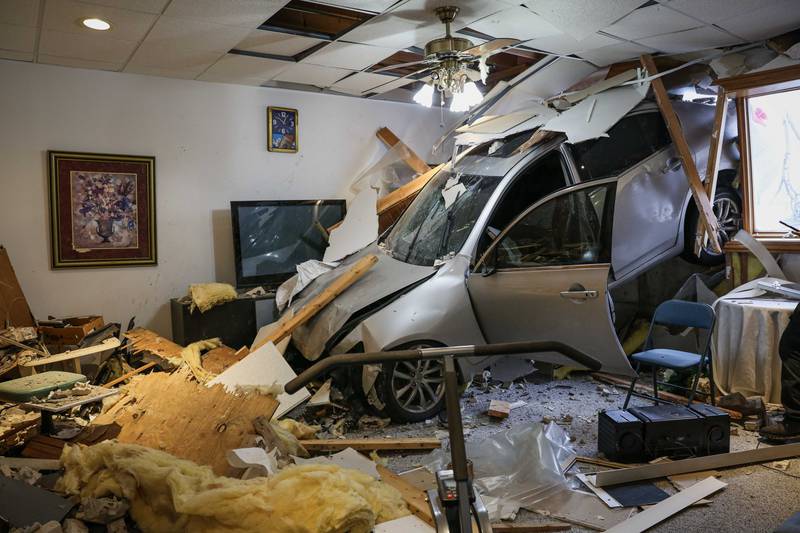 A car ended up almost completely inside a  house following a crash Wednesday, Jan. 22, 2025, on the 400 block of Ridge Court in Lake in the Hills.