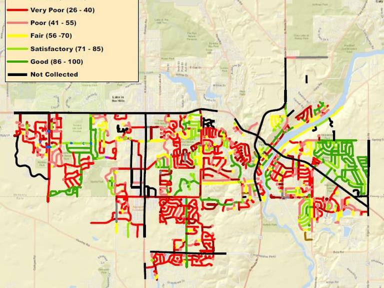 A review of the condition for all major roadways, given a PCI score of 0-100, within the village of Algonquin, as of December 2021. The red indicate roads in need of rehabbing.
