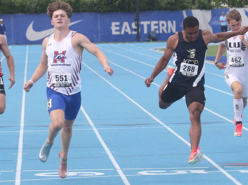 Morrison's Levi Milder and IC Catholic's Evan Smith  compete's in the 200 meter dash during the IHSA Class 3A Boys Track & Field State Finals on Saturday, May 31, 2025 at Eastern Illinois University in Charleston.