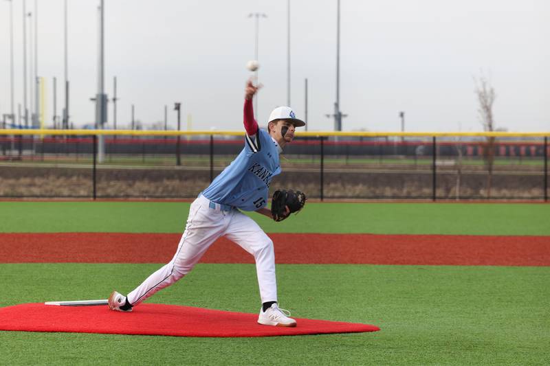 Kankakee's Bentley Deany releases a pitch during their game against Peotone on Friday, April 3, 2026, at 315 Sports Park.