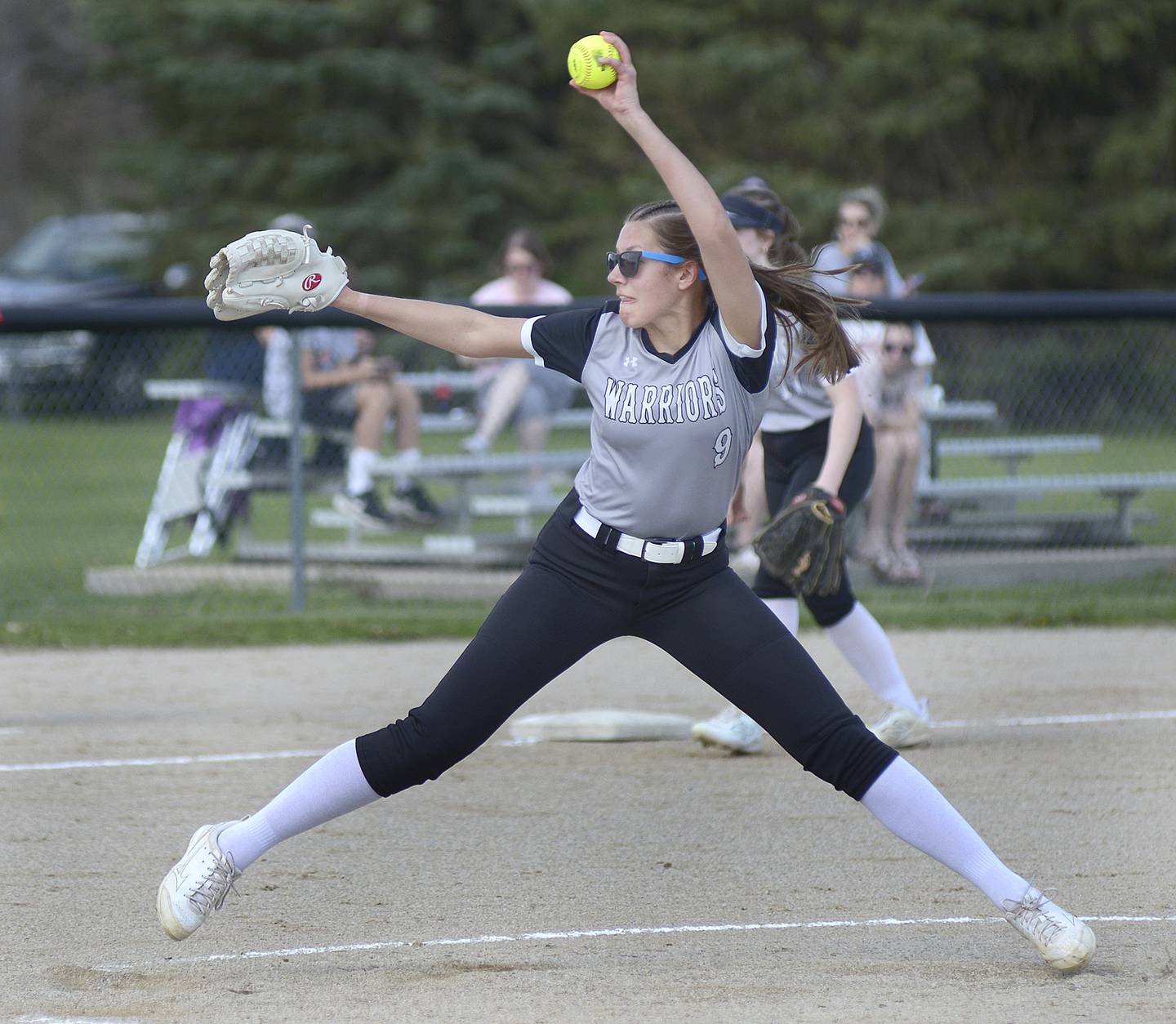Woodland/Flanagan-Cornell starting pitcher Brooklyn Delheimer (9) winds and fires against Streator earlier this season in rural Streator.
