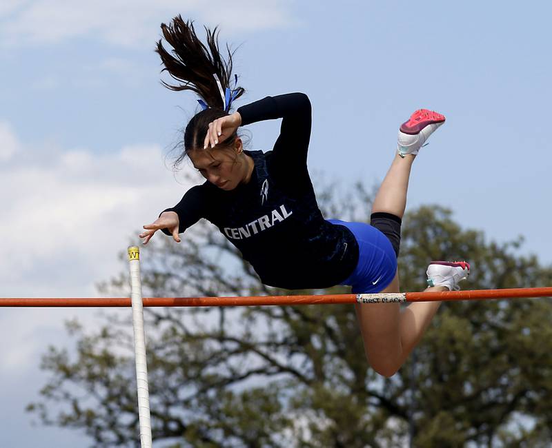 Burlington Central's Gracelin Turschman pole vaults on Thursday, May 7, 2026, during the Fox Valley Conference Girls Track and Field Meet at Huntley High School.
