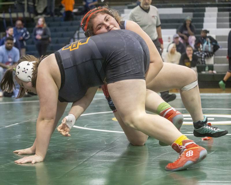 Juliana Thrush of Ottawa High School wrestles Peyton Kuetzlo of Minooka for first and second place in the 235 weight class at the girls wrestling sectional meet on February 10, 2024 at Geneseo High School.
