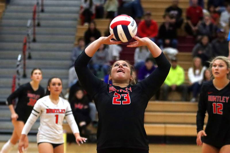 Huntley’s Abby Whitehouse passes the ball against  Hampshire in girls varsity volleyball at Huntley High School on Thursday, October 23, 2025.