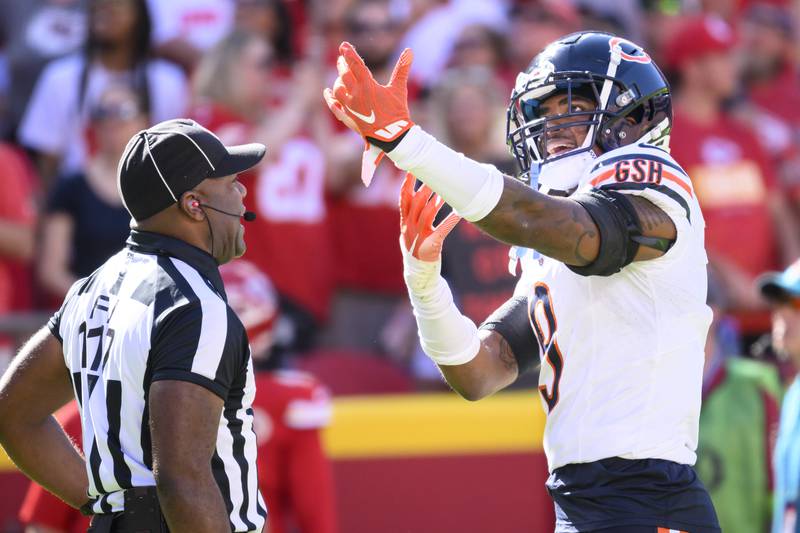 Chicago Bears safety Jaquan Brisker argues a penalty call during the first half against the Kansas City Chiefs, Sunday, Sept. 24, 2023 in Kansas City, Mo.