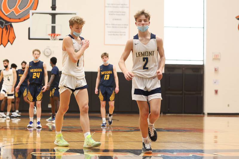 Lemont’s starting twins Matas Castillo (1) and Rokas Castillo (2) during the game against Neuqua Valley in the Warrior Showdown shootout at Lincoln-Way West. Saturday, Jan. 29, 2022 in New Lenox.