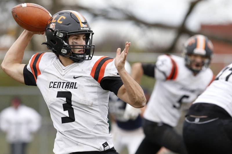 Crystal Lake Central quarterback Colton Madura looks for an open man to pass to during their playoff football game at Cary-Grove High School on Saturday, Nov. 13, 2021 in Cary.  Cary-Grove beat Crystal Lake Central 42-21 and will advance to meet Lake Forest next week.