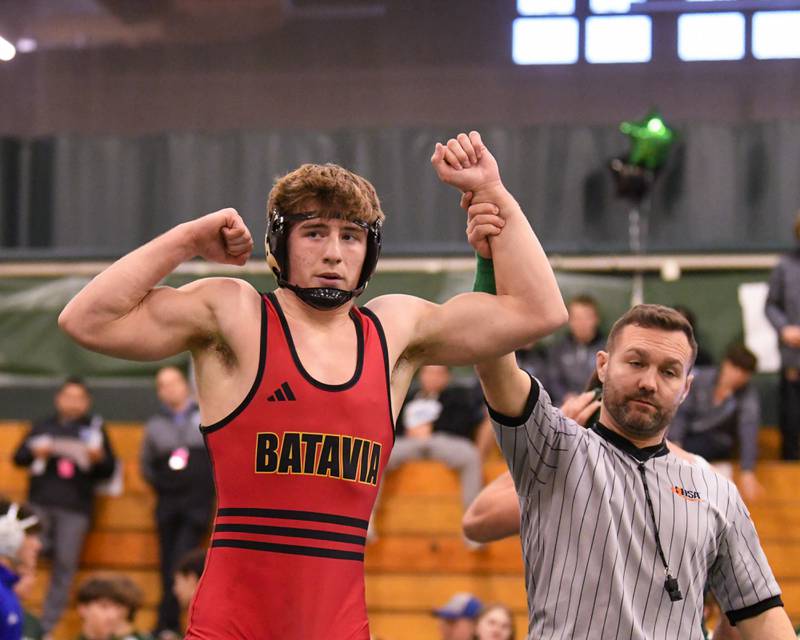 Batavia's Ben Brown celebrates after winning the 190-pound weight class regional title match over Glenbard West's Sasha Boulton on Saturday Feb. 3, 2024, at Glenbard West High School.