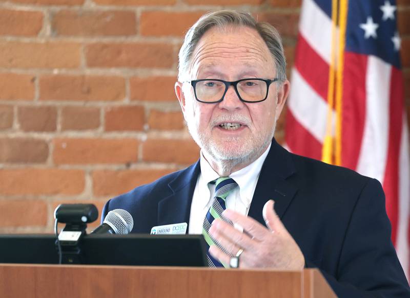 Paul Borek, executive director of the  DeKalb County Economic Development Corporation, answers a question during the State of the Community address Thursday, May 11, 2023, in the DeKalb County Community Foundation Freight Room in Sycamore. The event was hosted by the Sycamore Chamber of Commerce.
