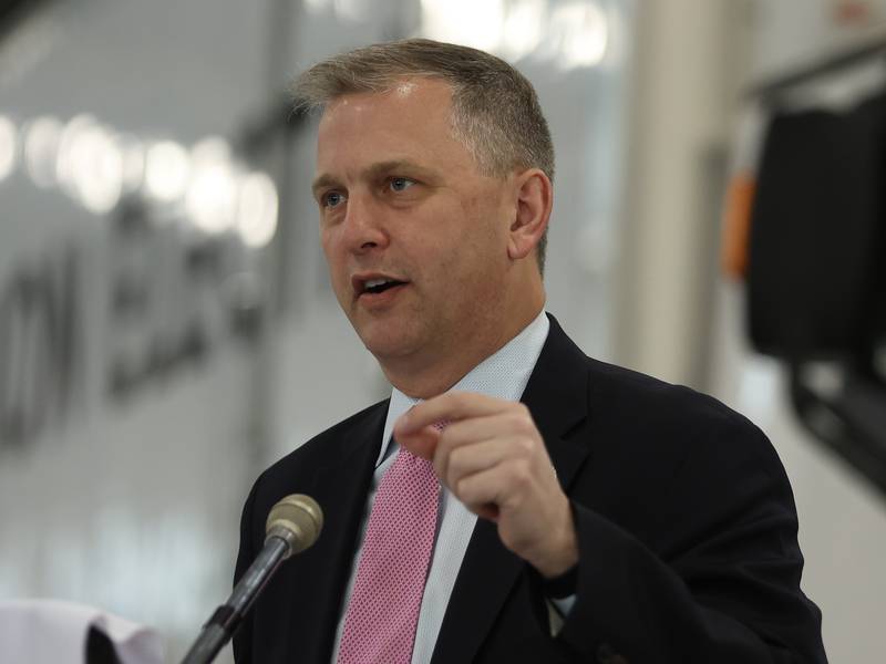 Congressman Sean Casten speaks during a press conference and interactive tour of the Lion Electric vehicle manufacturing facility. Monday, Mar. 21, 2022, in Joliet.