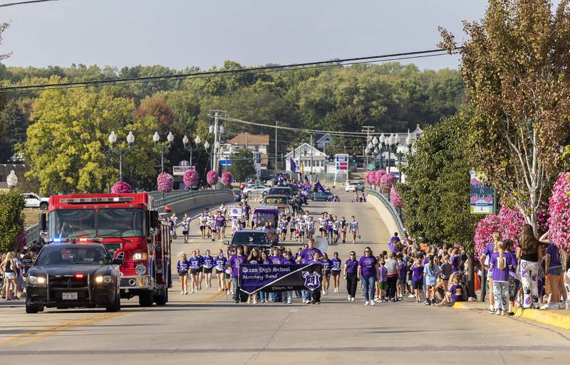 Dixon High School’s homecoming parade crosses the bridge Friday, Oct. 3, 2025. After Friday’s football game against Stillman Valley, the school will host their dance on Saturday.