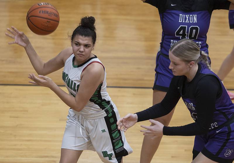 Rock Falls’ Autumn Weatherby loses the handle on the ball against Dixon Wednesday, Jan. 31, 2024 at Rock Falls High School.