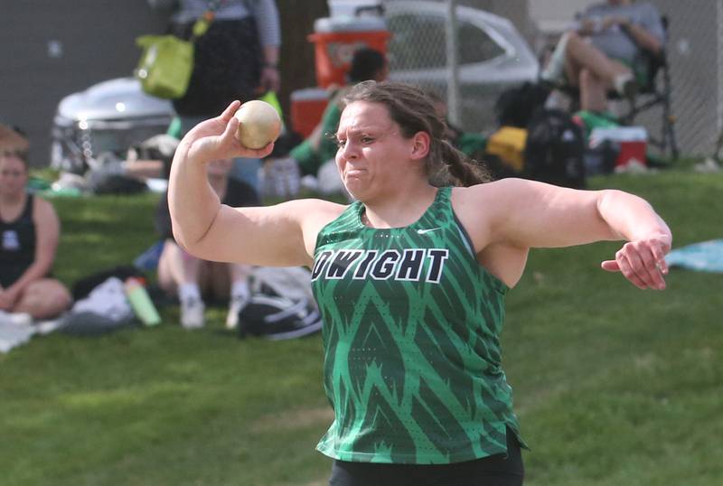 Dwight's Isabella Bunting competes in the shot put during the Class 1A Sectional track meet on Thursday, May 15, 2025 at Seneca High School.