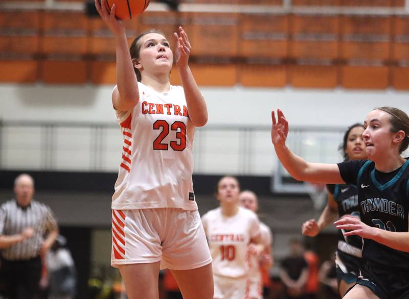 Crystal Lake Central’s Jordyn Johnson shoots against Woodstock North in varsity girls basketball on Monday, Jan. 26, 2026, at Crystal Lake Central High School in Crystal Lake.