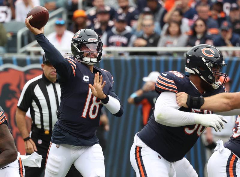 Chicago Bears quarterback Caleb Williams throws a pass during their game against the Los Angeles Rams Sunday, Sept. 29, 2024, at Soldier Field in Chicago.