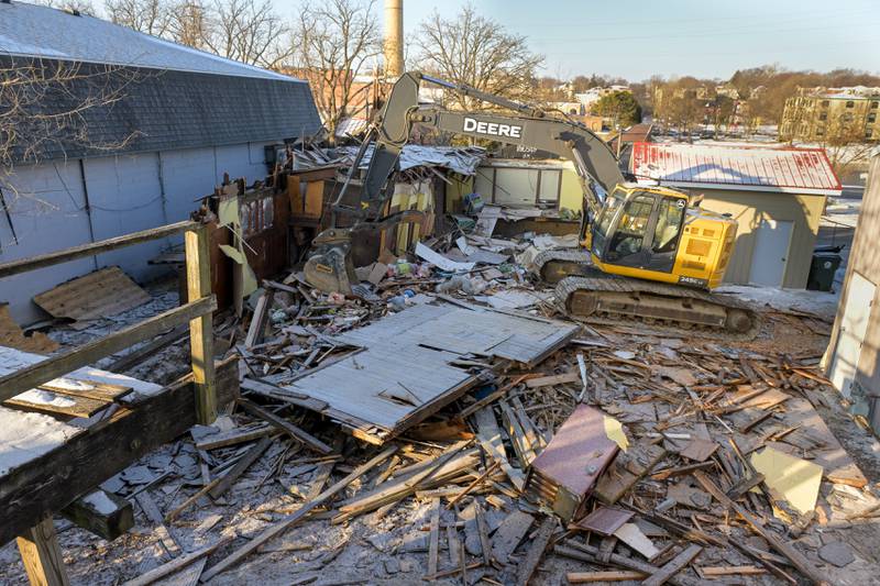 The historic 1890s Tin Shop building is being demolished, to make way for a downtown plaza with a public restroom facility and seating, on Wednesday, Jan 21, 2026 in Batavia.