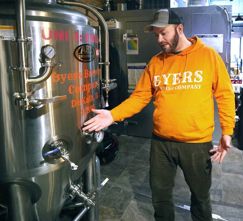 Steve Byers, co-owner of Byers Brewing Company, talks about the brewing process Friday, Jan. 6, 2023, in the production area at the brewery and taproom in DeKalb. Byers is planning an expansion of its operations to include another location  216 N. Sixth St. in DeKalb for production only.