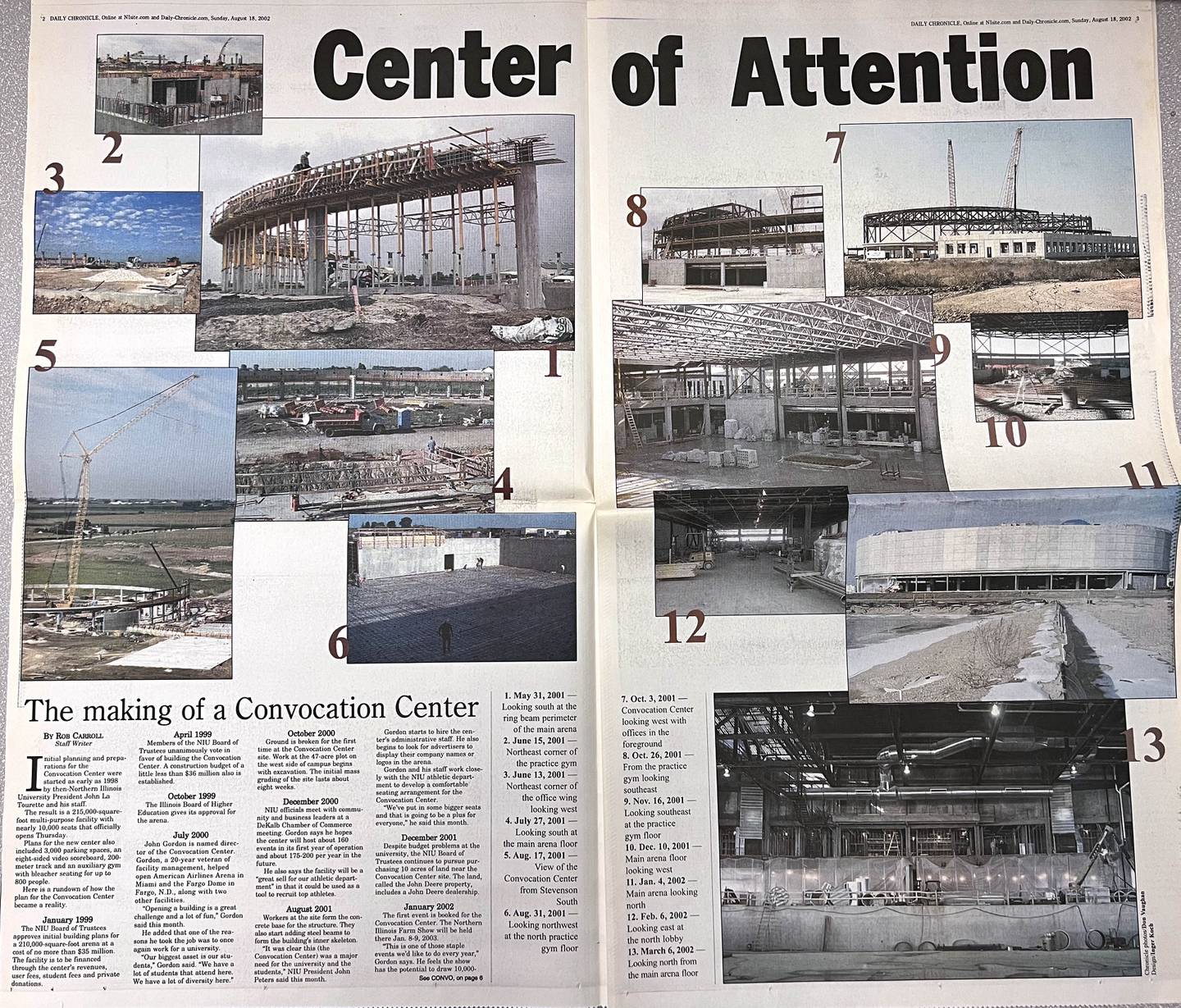 The Daily Chronicle from Sunday, Aug. 18, 2002, showing the construction of the Convocation Center which celebrates 20 years this month.