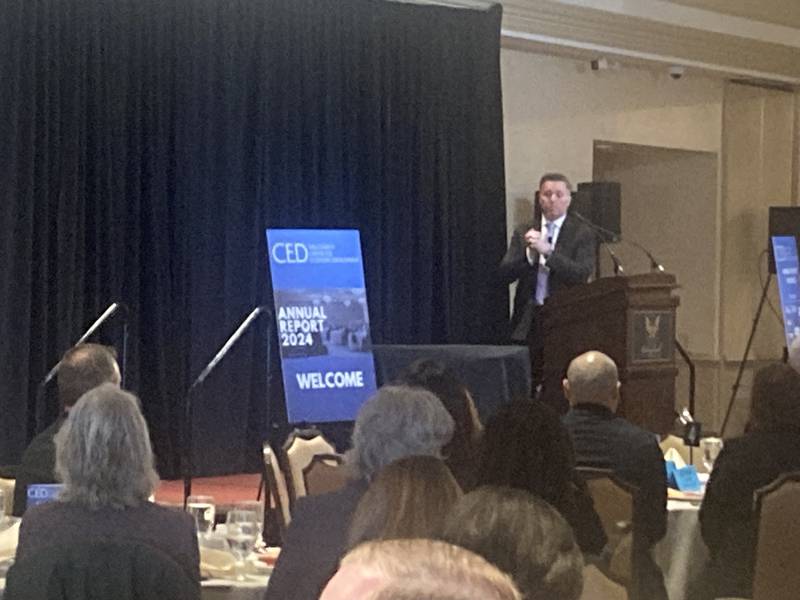 Will County Center for Economic Development President and CEO Doug Pryor presents the organization's annual report at the Bolingbrook Golf Club on Friday, Dec. 6, 2024.