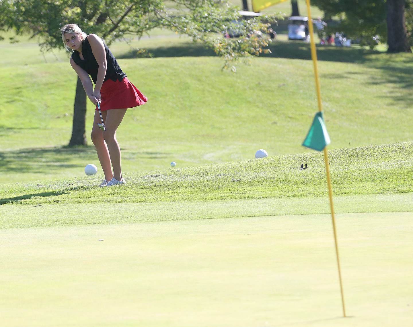 Ottawa's Payton Nodlund chips on the green during an Interstate 8 Conference dual against La Salle-Peru on Wednesday, Sept. 13, 2023 at Senica's Oak Ridge Golf Course in La Salle.