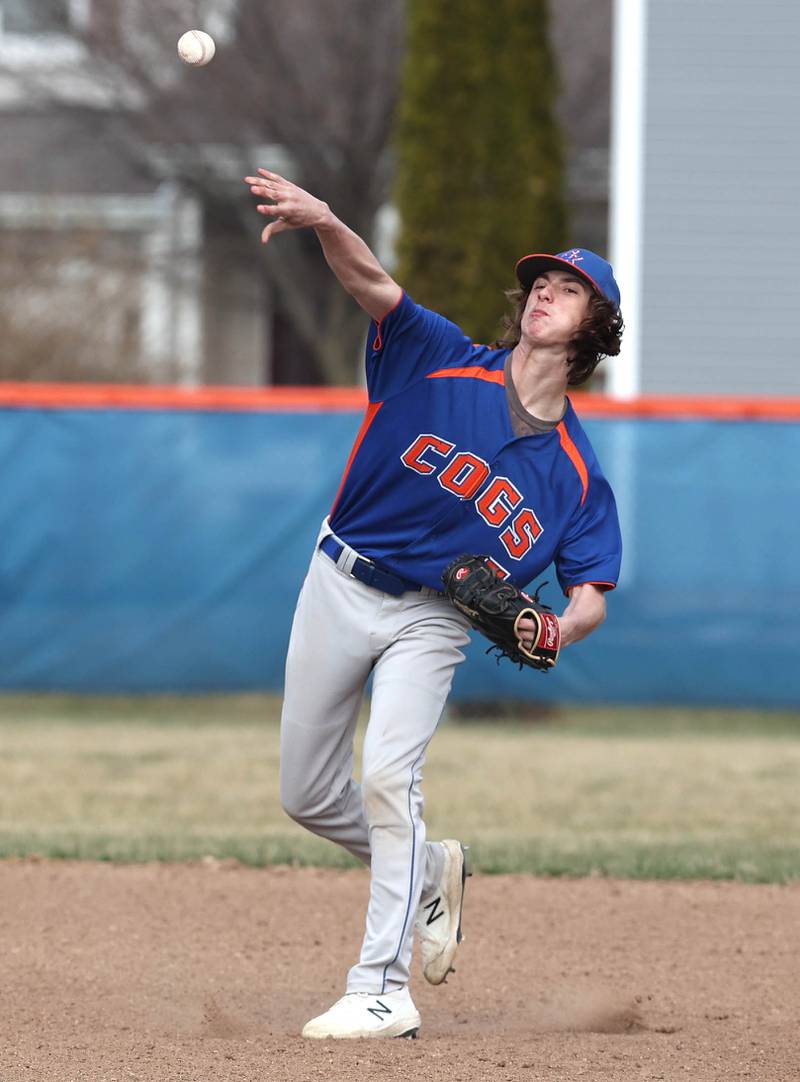 Genoa-Kingston's Aidan Awe throws the ball to first during their game against Winnebago Tuesday, April 12, 2022, at Genoa-Kingston High School.