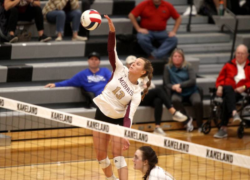 Ava Smith of Morris goes up for a kill during a game at Kaneland on Thursday, Oct. 13, 2022.