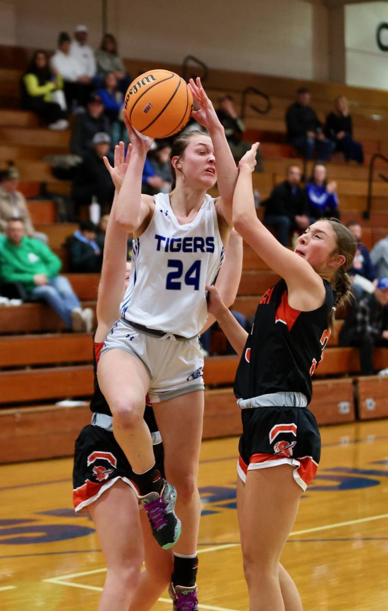 Princeton's Keighley Davis shoots against Sandwich in regional semifinal play Tuesday at Prouty Gym. The Tigresses won 50-35..
