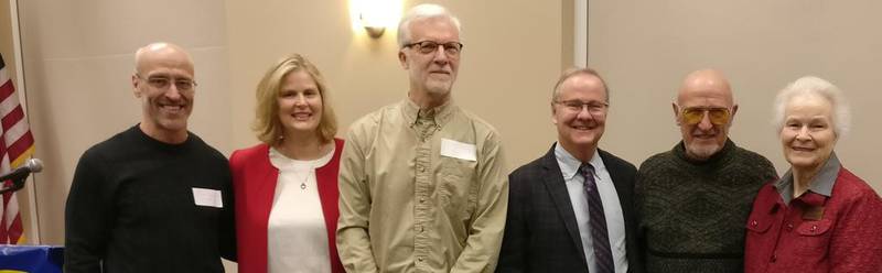 The Fox Valley Arts Hall of Fame announces its newest inductees. They are Vincent Chiaramonte of Campton Hills (from left), Joel Sheesley of Wheaton (third from left) and Jeff Hunt of St. Charles (fourth from left). Inductees not pictured are Patrick Beckman and Kevin Braheny Fortune. At the big reveal were Susan Starrett (second from left), vice president of selection, and her mother, Susan S. Starrett (right) of North Aurora, president of the organization, joined by past inductees Bill Robinson (second from right) of St. Charles and Joseph Hernandez of Aurora (not shown).