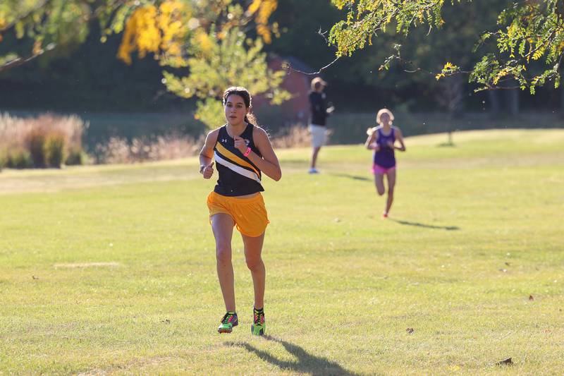 Herscher's Kelly O'Connor nears the finish line in second place in the girls 3-mile race during All-Area Cross Country meet on Wednesday, Oct. 8, 2025, at Kankakee Community College.