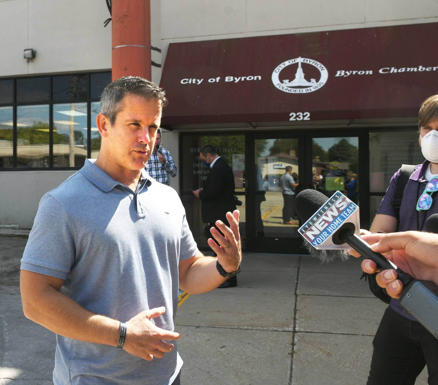 U.S. Rep. Adam Kinzinger (R-Channahon) speaks to the media after meeting with Byron-area officials about the stalled energy bill and the impact it could have on Exelon's nuclear power plant located in Ogle County.