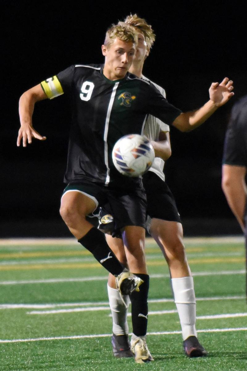 Coal City's Luke Munsterman receives a pass during a home game against Herscher Thursday, Oct. 2, 2025.