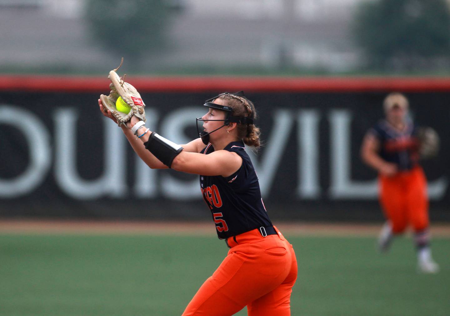 Oswego's Adalynn Fugitt makes a catch in the infield during a IHSA Class 4A state semifinal game against Oak Park-River Forest on Friday, June 13, 2025 at the Louisville Slugger Sports Complex in Peoria.