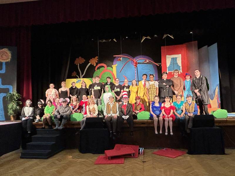 The cast and set crew of Oregon High School's "Seussical The Musical" pose for a photo after their performance on Friday, March 14, 2025 in the OHS Theater.