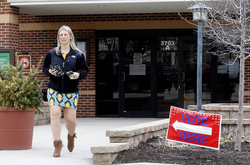 Gina Bodam of Johnsburg leaves the McHenry Township Office in Johnsburg after voting Monday, April 3, 2023, in the 2023 consolidated election.