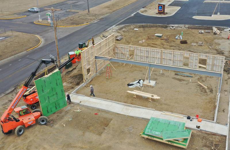 Crews build walls for the new Jersey Mike's Subs location on Thursday, Feb. 12, 2026 in Princeton. The business is located at the corner of Illinois Route 26 and Backbone Road.