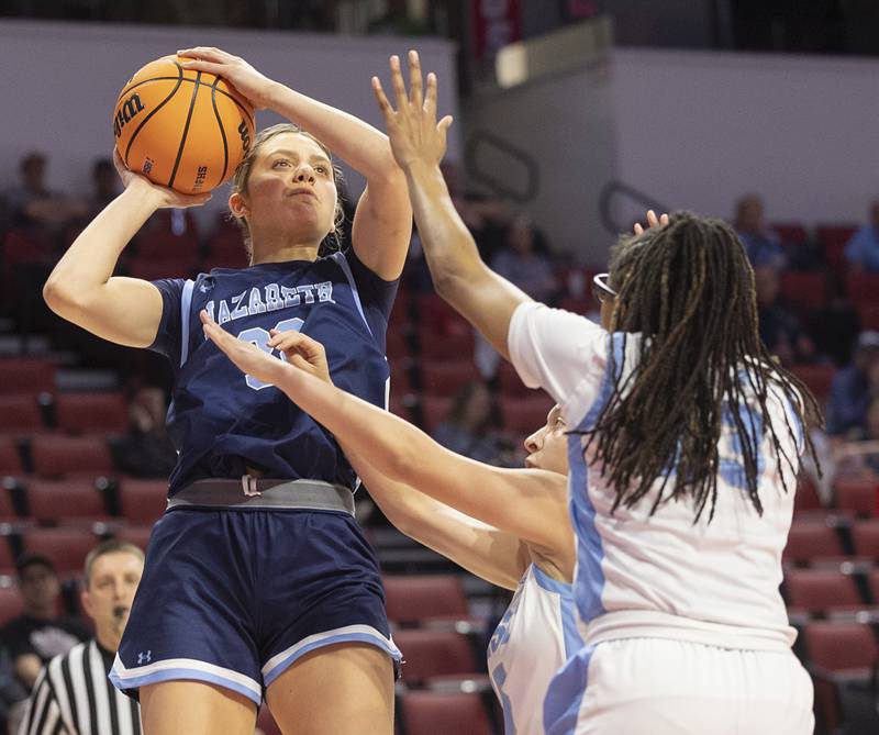Nazareth’s Lyla Shelton puts up a jumper against Belleville East Friday, March 6, 2026, in the Class 4A girls state semifinal game at CEFCU Arena at ISU.
