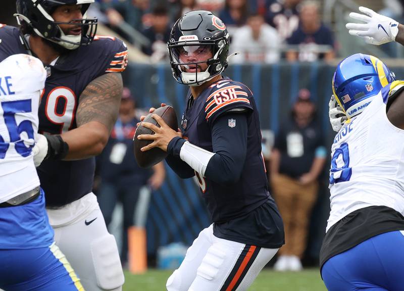 Chicago Bears quarterback Caleb Williams drops back to pass during their game against the Los Angeles Rams Sunday, Sept. 29, 2024, at Soldier Field in Chicago.