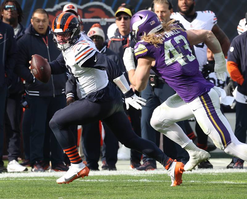Chicago Bears quarterback Caleb Williams scrambles away from Minnesota Vikings linebacker Andrew Van Ginkel during their game Sunday, Nov. 24, 2024, at Soldier Field in Chicago.